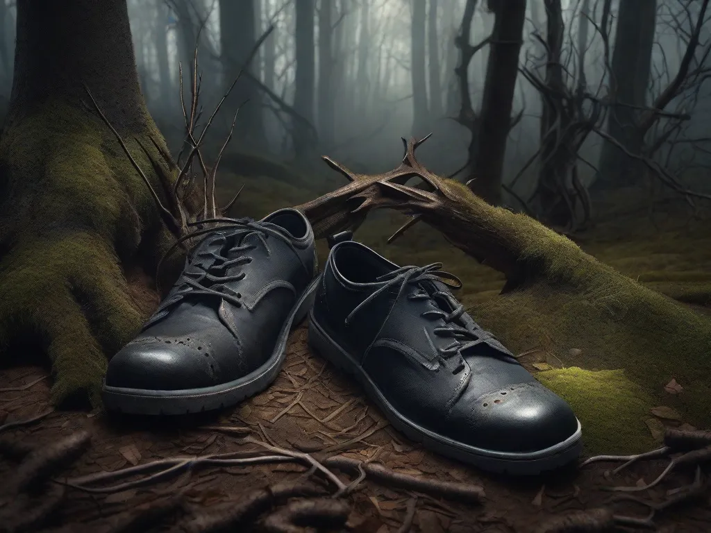 Descrição: Uma imagem de uma floresta escura com árvores retorcidas e espinhosas, e uma atmosfera assustadora. No primeiro plano, um sapato desgastado jaz abandonado no chão, simbolizando as dificuldades e desafios enfrentados pelos indivíduos na sociedade. Essa imagem representa a natureza cautelosa dos contos de fadas originais, nos lembrando