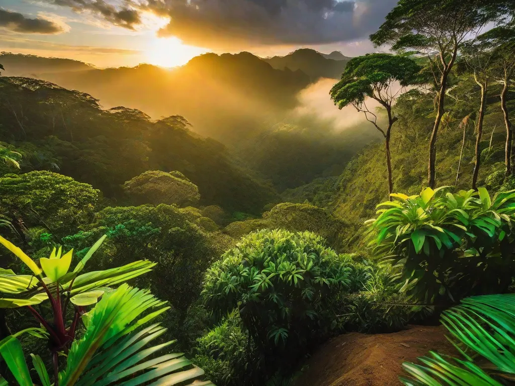 A imagem retrata a imensa beleza da natureza brasileira. Uma floresta tropical exuberante, com árvores altas e densas, é rodeada por uma vegetação vibrante e colorida. A luz do sol atravessa as copas das árvores, criando um jogo de sombras e realçando a diversidade da flora brasileira.