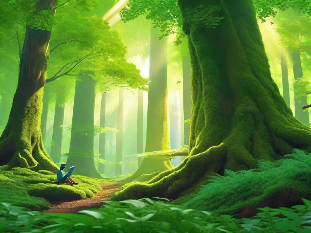 Descrição: Uma imagem retratando uma floresta serena com árvores verdes exuberantes, um rio fluindo e vários animais coexistindo pacificamente. No centro, uma pessoa está absorta na leitura de um livro, cercada por palavras flutuantes como
