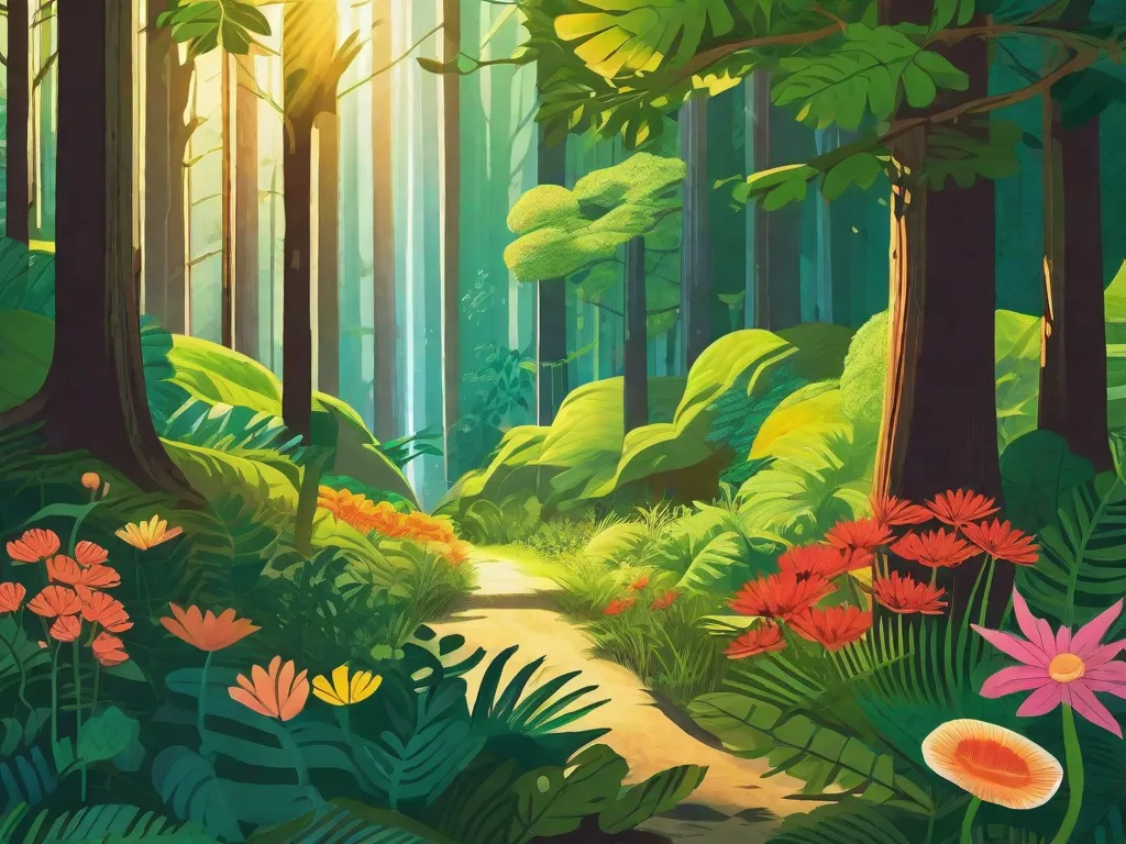 Descrição da imagem:
Uma ilustração vibrante que retrata uma floresta verdejante com árvores imponentes, flores vibrantes e uma vida selvagem diversificada. A luz do sol atravessa o dossel, lançando um brilho quente sobre a cena. Essa imagem representa a relação simbiótica entre a literatura e as questões ecológicas atuais, mostrando como a literatura serve como