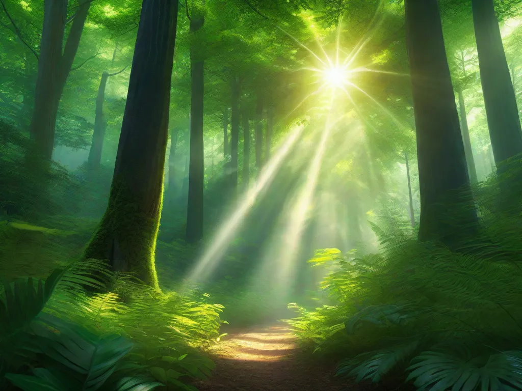 Descrição: Uma imagem vibrante de uma floresta verdejante com raios de sol filtrando entre as árvores altas. As folhas estão cheias de vida, mostrando a beleza e a importância da natureza. Essa imagem representa a integração da literatura e do meio ambiente, enfatizando as mensagens ecológicas encontradas em obras contemporâneas.