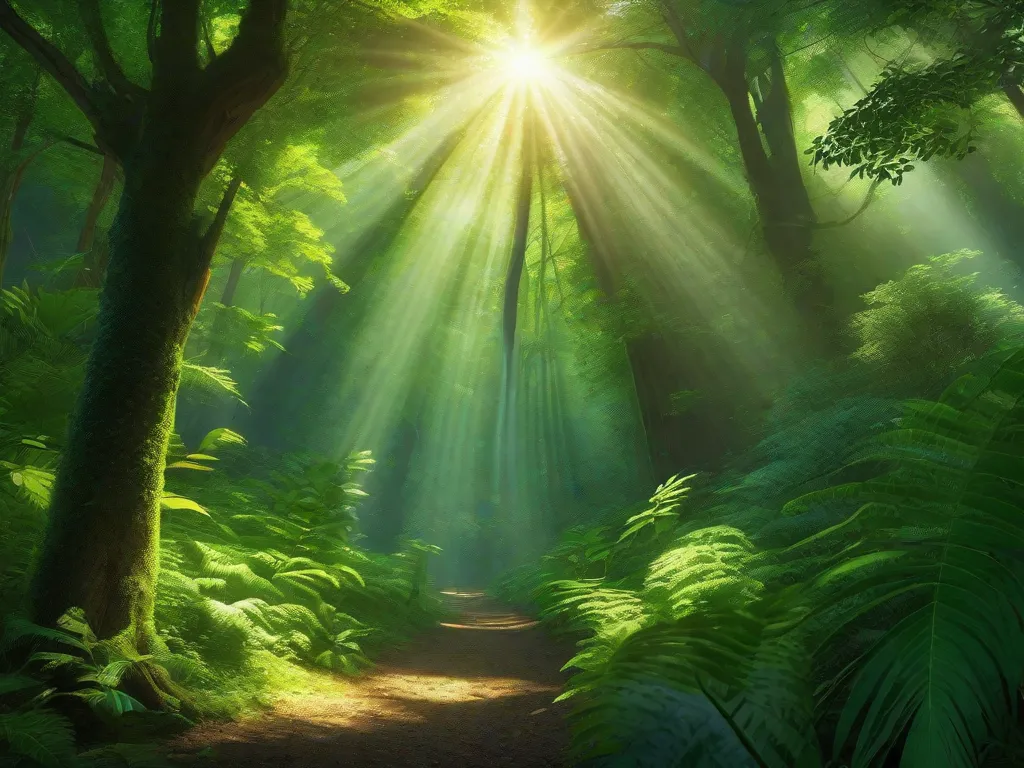 Descrição da imagem: Uma floresta exuberante e verdejante, com árvores altas e folhagem vibrante, repleta de vida selvagem diversificada. Raios de sol filtram através do denso dossel, iluminando uma paisagem serena e intocada. Essa imagem simboliza a convivência harmoniosa entre a natureza e a literatura, destacando como a literatura explora e ab