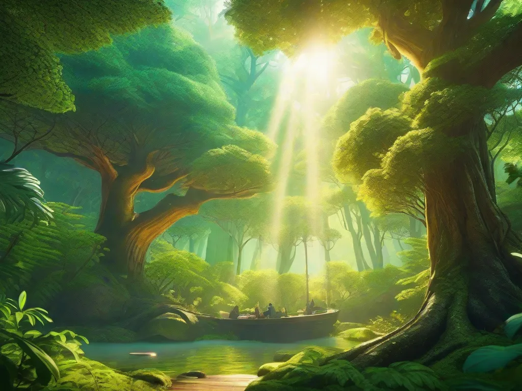 Descrição da Imagem: Uma floresta vibrante e exuberante, com árvores altas que se estendem em direção ao céu, suas folhas formando um dossel que filtra a luz solar no chão abaixo. Vários animais, como pássaros, borboletas e veados, vagam livremente entre a folhagem. A imagem transmite a harmonia e a beleza da natureza