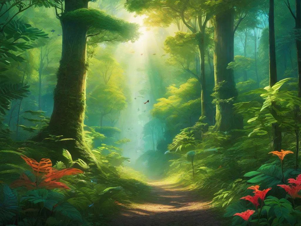 Descrição da Imagem: Uma floresta vibrante e exuberante, com árvores altas que se estendem em direção ao céu, suas folhas formando um dossel que filtra a luz solar no chão abaixo. Vários animais, como pássaros, borboletas e veados, vagam livremente entre a folhagem. A imagem transmite a harmonia e a beleza da natureza