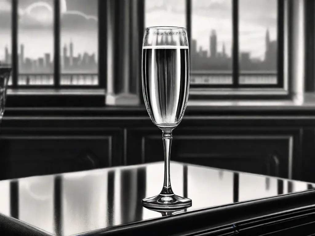 Uma imagem em preto e branco de uma taça de champanhe solitária sobre uma mesa luxuosa, simbolizando o vazio e o anseio por amor em 'O Grande Gatsby'. O reflexo de uma luz verde distante pode ser visto na taça, representando o sonho inalcançável de Gatsby e o tema da perda.