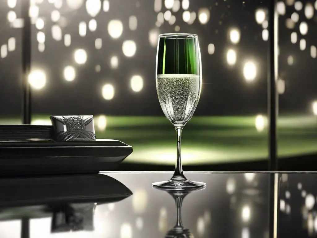 Uma imagem em preto e branco de uma taça de champanhe solitária sobre uma mesa luxuosa, simbolizando o vazio e o anseio por amor em 'O Grande Gatsby'. O reflexo de uma luz verde distante pode ser visto na taça, representando o sonho inalcançável de Gatsby e o tema da perda.