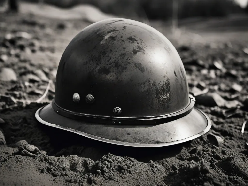 Uma fotografia em preto e branco de um capacete de soldado desgastado deitado em um campo de batalha lamacento. O capacete está meio enterrado no chão, simbolizando a dura realidade da guerra. Essa imagem representa a linha tênue entre a realidade e a ficção retratada em 'Adeus às Armas' de Hemingway.