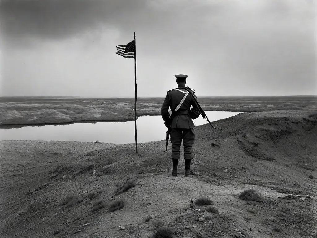 Uma fotografia em preto e branco de um soldado em pé sozinho em um campo de batalha desolado, seu rosto marcado pelo cansaço e tristeza. A imagem captura a realidade assombrosa da guerra, destacando o contraste gritante entre os ideais romantizados de heroísmo e a dura verdade de suas consequências devastadoras.