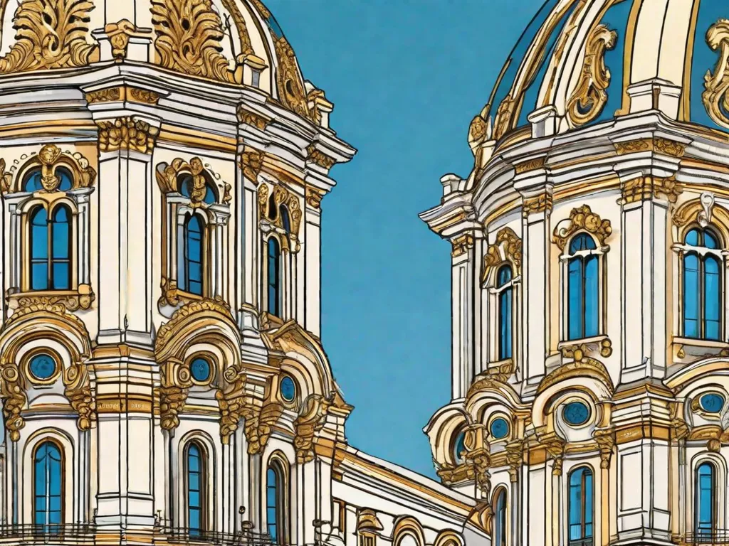 Descrição da imagem:
Uma majestosa igreja da era colonial ergue-se imponente contra um céu azul claro. Sua arquitetura barroca intricada, caracterizada por detalhes ornamentados, curvas dramáticas e esculturas elaboradas, mostra a influência do período Barroco no Brasil. A fachada da igreja é adornada com entalhes intricados e detalhes dourados, refletindo