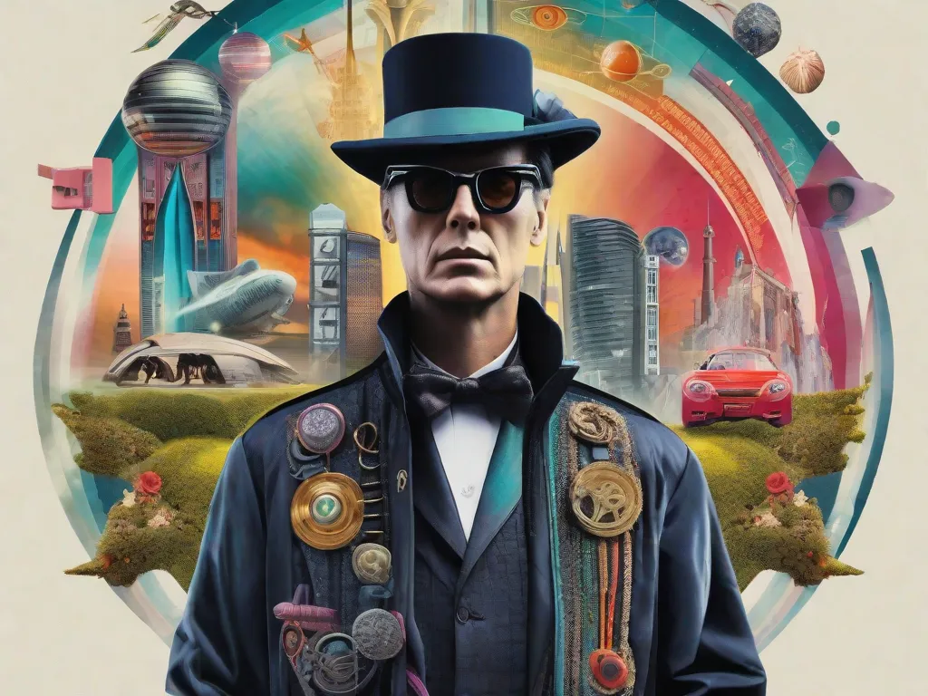 Uma colagem colorida de símbolos icônicos representando o impacto de Aldous Huxley e seu romance 'Admirável Mundo Novo' na cultura contemporânea. A imagem inclui uma mistura de tecnologia futurista, elementos distópicos e conceitos que provocam reflexão, encapsulando a influência duradoura da obra de Huxley.