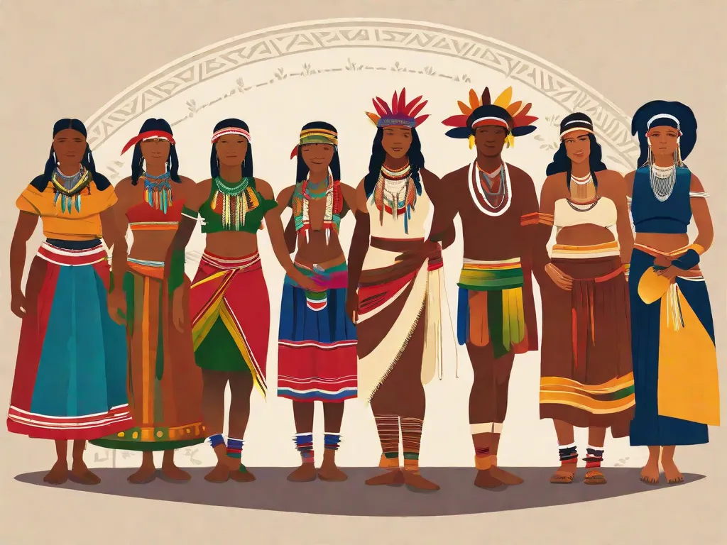 Descrição da imagem: Um grupo vibrante e diversificado de pessoas indígenas de diferentes tribos no Brasil se reúnem, vestindo roupas e acessórios tradicionais. Eles estão de pé, segurando as mãos e formando um círculo, simbolizando união, resiliência e o poder de suas narrativas ancestrais. As cores de suas vestimentas refletem a riqueza e diversidade