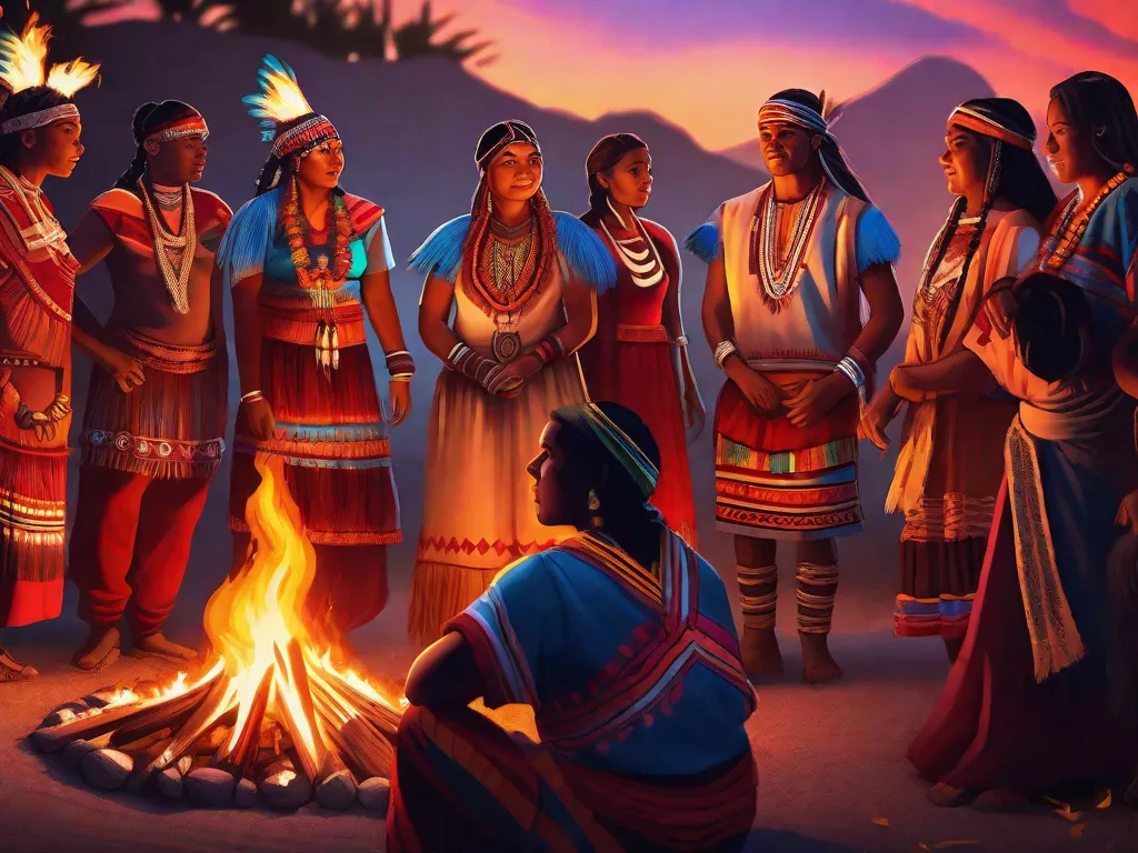 Descrição da imagem: Um grupo vibrante e diversificado de pessoas indígenas de diferentes tribos no Brasil se reúnem, vestindo roupas e acessórios tradicionais. Eles estão de pé, segurando as mãos e formando um círculo, simbolizando união, resiliência e o poder de suas narrativas ancestrais. As cores de suas vestimentas refletem a riqueza e diversidade