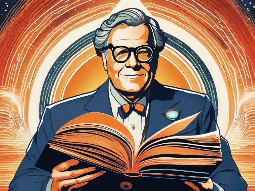 desconhecidos e emocionantes. Asimov, com um olhar pensativo e um sorriso sutil, personifica a imaginação ilimitada e a criatividade que permeiam suas obras. A imagem transmite a ideia de que Asimov é um guia intelectual, oferecendo aos leitores a oportunidade de explorar novas fronteiras da ciência e da imaginação.