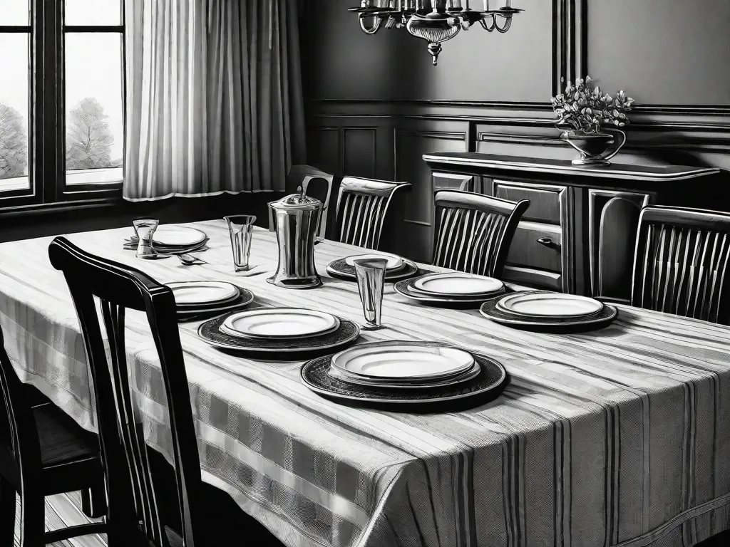 Uma imagem em preto e branco de uma mesa de jantar arrumada para um jantar em família, com cadeiras vazias simbolizando a complexidade e profundidade das relações familiares na ficção contemporânea. A toalha de mesa está levemente amassada, sugerindo as imperfeições e desafios que as famílias enfrentam, enquanto a iluminação fraca adiciona um toque de