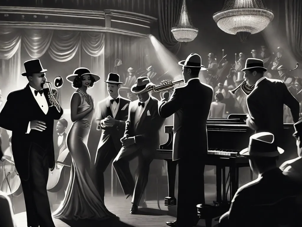 Uma fotografia em preto e branco captura a essência dos Anos Loucos: um clube de jazz enfumaçado cheio de homens e mulheres elegantemente vestidos. A banda no palco, banhada por um foco de luz quente, toca seus instrumentos com paixão, enquanto a multidão dança e se diverte no ritmo contagiante.