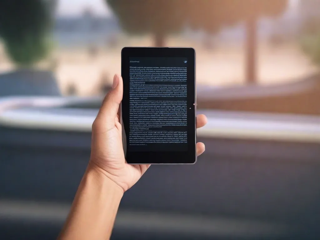 Uma imagem em close-up de uma mão segurando um dispositivo de leitura eletrônica moderno e elegante, com um livro digital sendo exibido na tela. O fundo pode estar desfocado para enfatizar o foco no dispositivo, simbolizando o futuro da leitura e a mudança para a literatura digital.