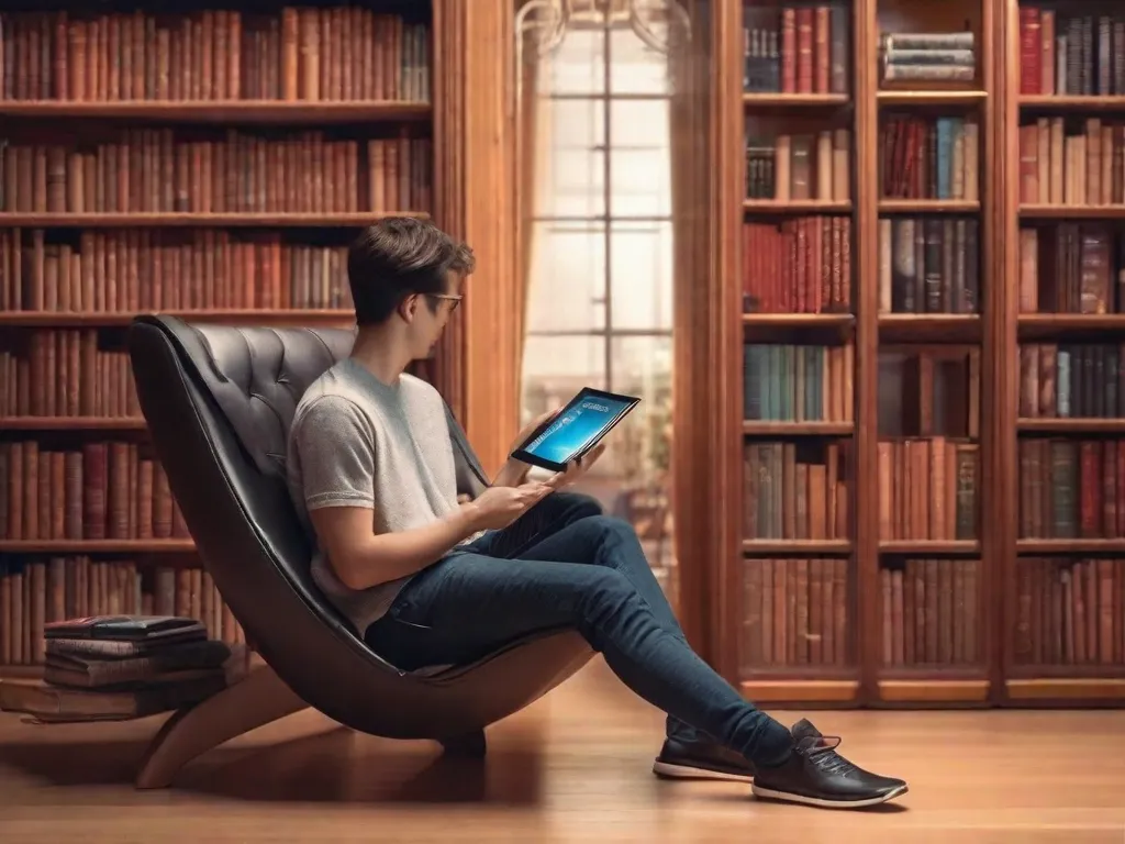 Uma imagem de uma pessoa segurando um elegante dispositivo de leitura eletrônica, com a capa de um livro digital exibida na tela. A pessoa está sentada em um canto aconchegante, rodeada por prateleiras cheias de livros tradicionais, simbolizando a coexistência das experiências de leitura digital e física na era moderna.
