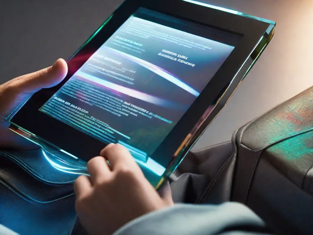 Uma imagem em close-up de uma mão segurando um dispositivo de leitura eletrônica moderno e elegante, com um livro digital sendo exibido na tela. O fundo pode estar desfocado para enfatizar o foco no dispositivo, simbolizando o futuro da leitura e a mudança para a literatura digital.