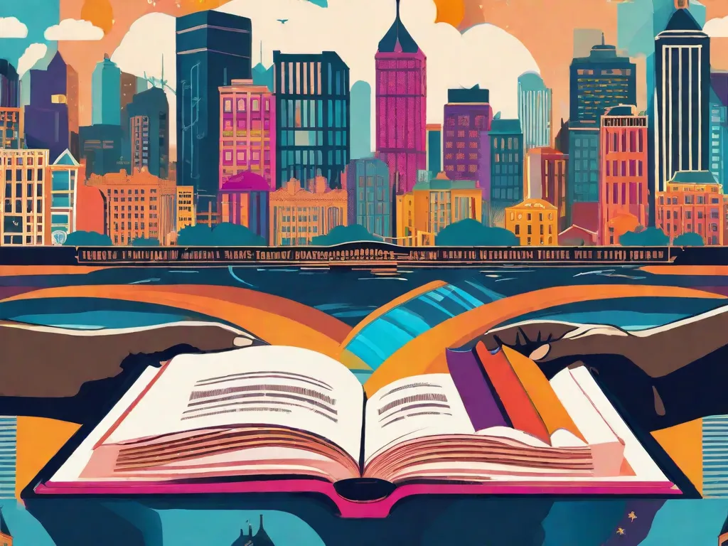Descrição da imagem: Um close de mãos segurando um livro com uma paisagem urbana vibrante e diversa ao fundo. As mãos estão delicadamente virando as páginas, simbolizando a conexão entre a literatura e a sociedade. A imagem captura a essência das reflexões literárias contemporâneas, convidando os leitores a explorar e se envolver com diferentes perspectivas e ideias através da leitura