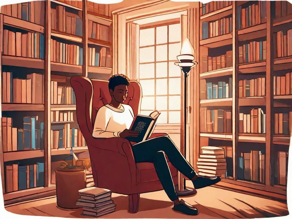 Descrição: Um livro aberto flutuando no ar, rodeado por cores e formas que se movem em espiral. À medida que as páginas viram, palavras e frases vibrantes surgem, formando uma ponte que se conecta à mente de uma pessoa. Essa representação visual simboliza como a literatura pode proporcionar um escape, consolo e inspiração, nutrindo o bem-estar mental.