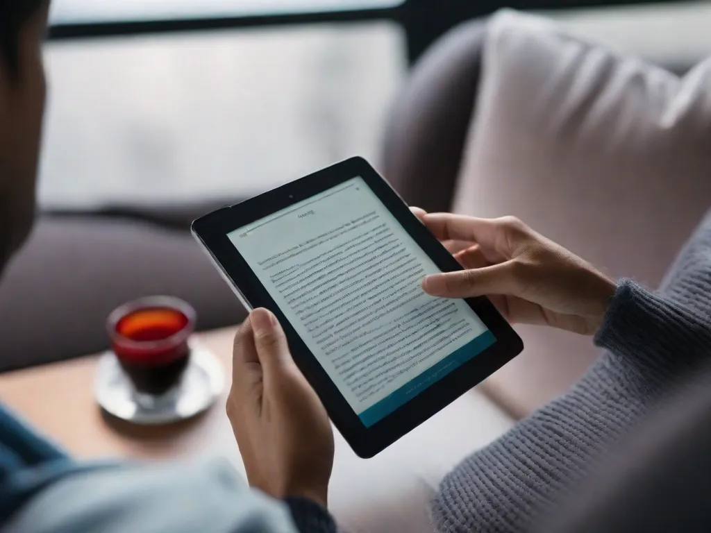 Uma imagem em close-up das mãos de uma pessoa segurando um tablet com um e-book exibido na tela. O fundo está desfocado, simbolizando a fusão das experiências de leitura tradicional e digital. Essa imagem representa o futuro da leitura, mostrando os avanços e inovações no mundo literário.