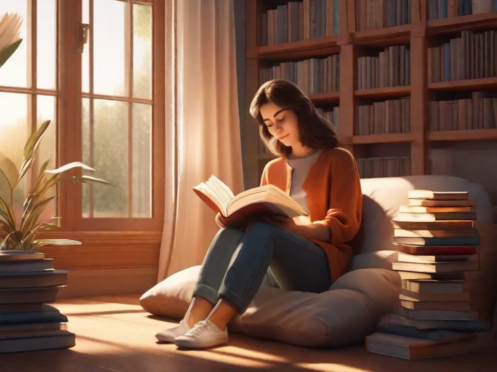 Descrição: Uma imagem de uma pessoa sentada em um cantinho aconchegante de leitura, cercada por uma pilha de livros. A pessoa está absorta em um romance, com uma expressão tranquila no rosto. A luz suave do sol atravessa a janela, criando uma atmosfera serena que simboliza o poder terapêutico da literatura para o bem-estar mental.