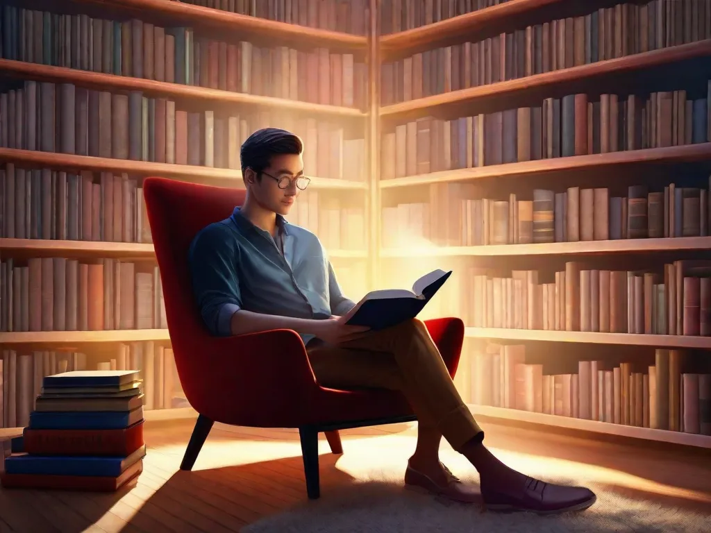 Descrição da imagem: Uma pessoa sentada em uma cadeira confortável, cercada por prateleiras cheias de livros. Eles têm uma expressão tranquila no rosto enquanto se envolvem em um romance cativante. Os livros parecem emitir um brilho quente, simbolizando o poder terapêutico da literatura em nutrir e apoiar o bem-estar mental.