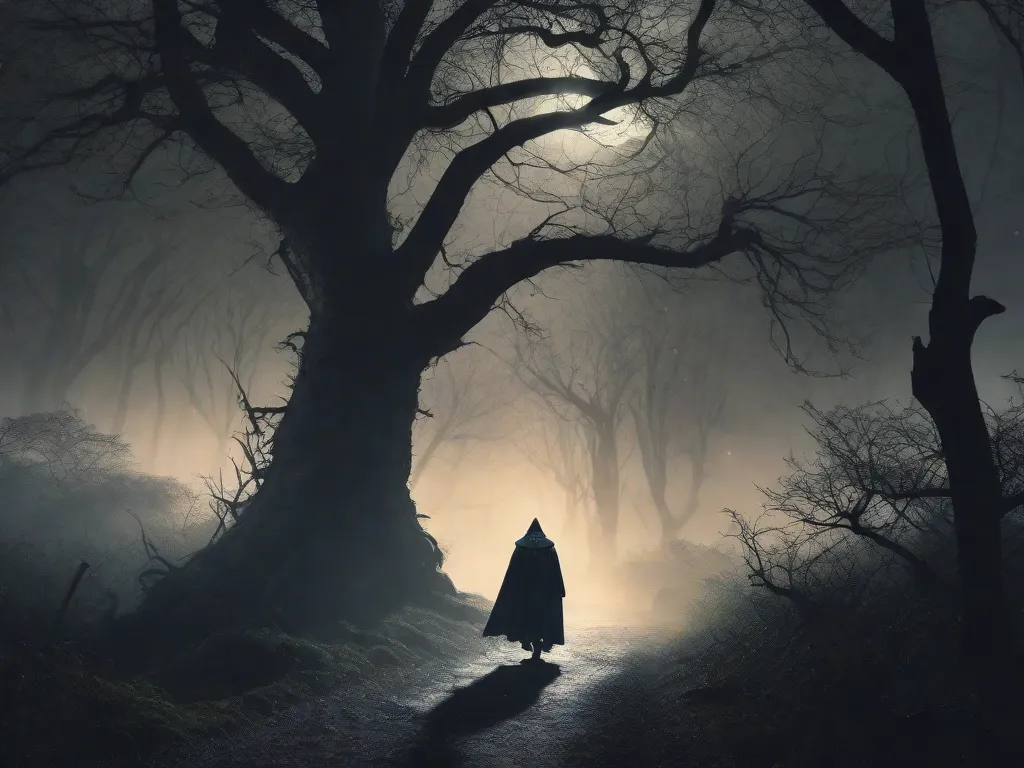 Uma imagem sombria e atmosférica de uma floresta iluminada pela lua, com árvores retorcidas e uma neblina misteriosa que obscurece o caminho à frente. No centro, uma figura emerge das sombras, vestindo um manto esfarrapado e segurando um livro antigo. Essa imagem captura o fascínio sinistro das lendas urbanas brasileiras e do folclore na liter