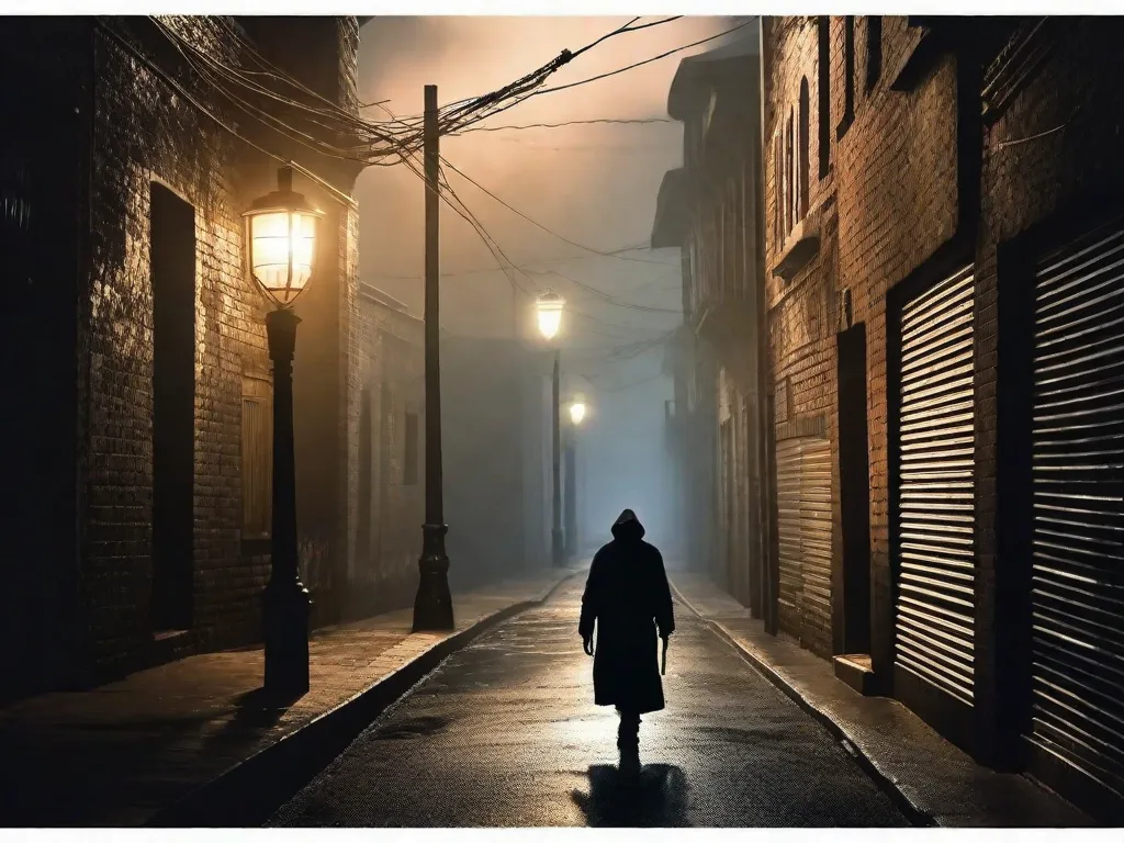 Uma imagem escura e atmosférica de uma figura sombria espreitando nas sombras de um beco deserto. O poste de luz nebulosa lança um brilho assustador, destacando a silhueta misteriosa. Essa imagem captura a essência das lendas urbanas e do folclore brasileiro, evocando uma sensação de intriga e suspense.