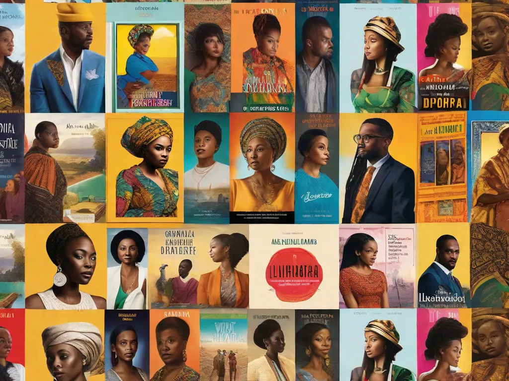 Descrição da imagem: Uma vibrante colagem de capas de livros da literatura africana contemporânea, mostrando as diversas vozes e narrativas influenciadas pela diáspora africana. As capas apresentam tipografia ousada, cores vivas e imagens simbólicas, representando o poder e o impacto da diáspora africana na literatura contemporânea.