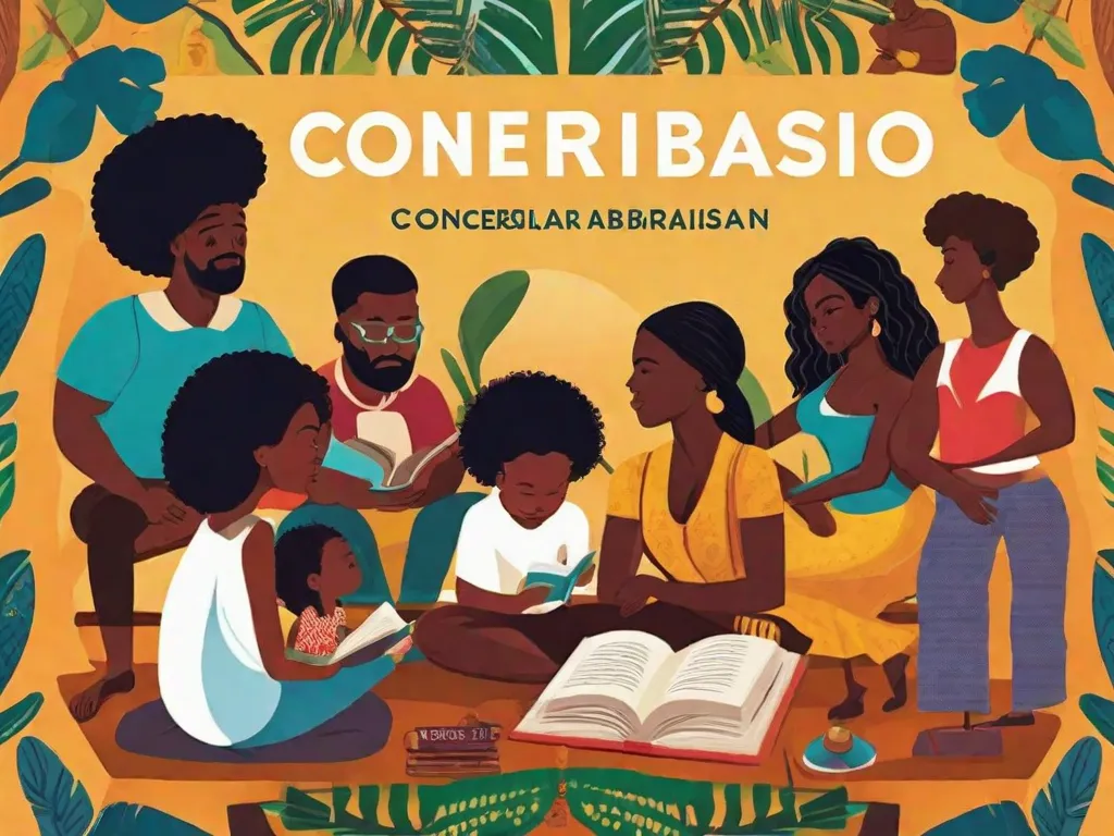 Na imagem, uma pintura vibrante retrata uma mulher com uma presença poderosa. Ela está alta, adornada com roupas tradicionais afro-brasileiras, representando a força e a resiliência da voz literária de Conceição Evaristo. As cores e os padrões ao seu redor simbolizam a rica herança cultural e as diversas narrativas retratadas na literatura afro-brasileira.