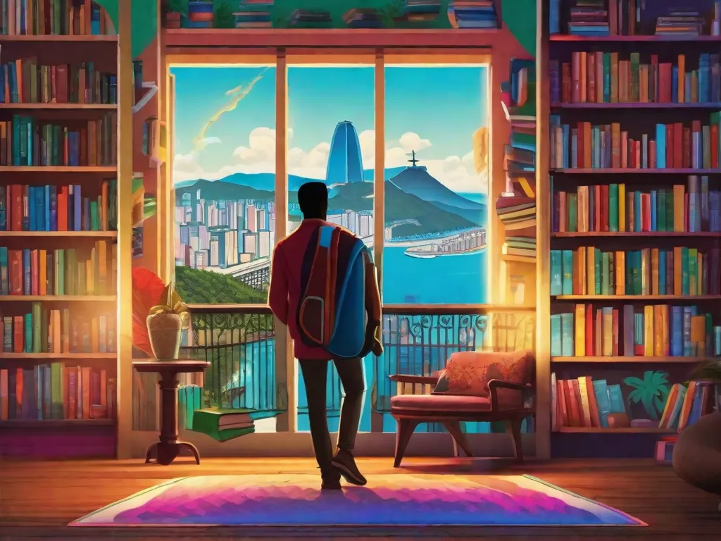 Descrição: Uma ilustração vibrante e colorida retratando um grupo diversificado de autores brasileiros, cada um segurando um livro que representa seu estilo único de escrita. O fundo mostra ícones brasileiros, como a estátua do Cristo Redentor e a Floresta Amazônica, simbolizando a rica herança cultural e a beleza natural que inspiram essas vozes literárias emergentes.