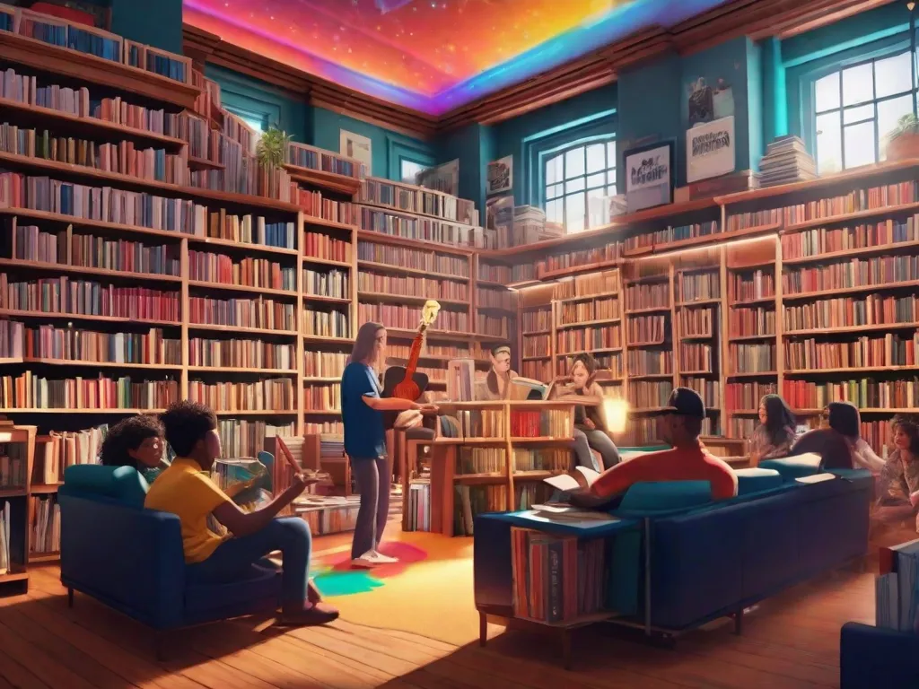 Uma imagem vibrante de uma livraria lotada com prateleiras cheias de livros de diferentes gêneros. No centro, um músico toca violão, criando uma atmosfera melódica. Pessoas de diferentes origens se reúnem, envolvidas em conversas sobre literatura e música. Essa cena captura a conexão harmoniosa entre literatura, música e cultura popular.