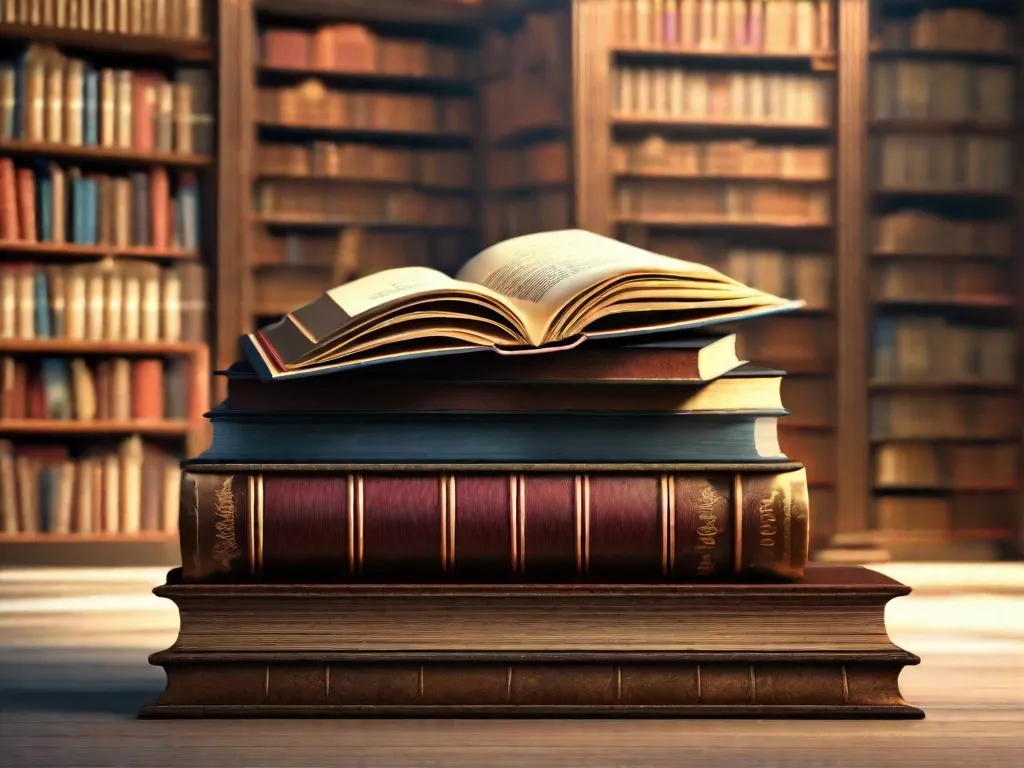 A imagem retrata um livro antigo e desgastado erguendo-se alto em meio a um mar de livros, representando a rica e diversa história da literatura. Cada livro representa uma era diferente, desde escritos antigos em papiro até manuscritos medievais e romances modernos. Essa imagem simboliza a jornada atemporal através das eras das obras-primas literárias.