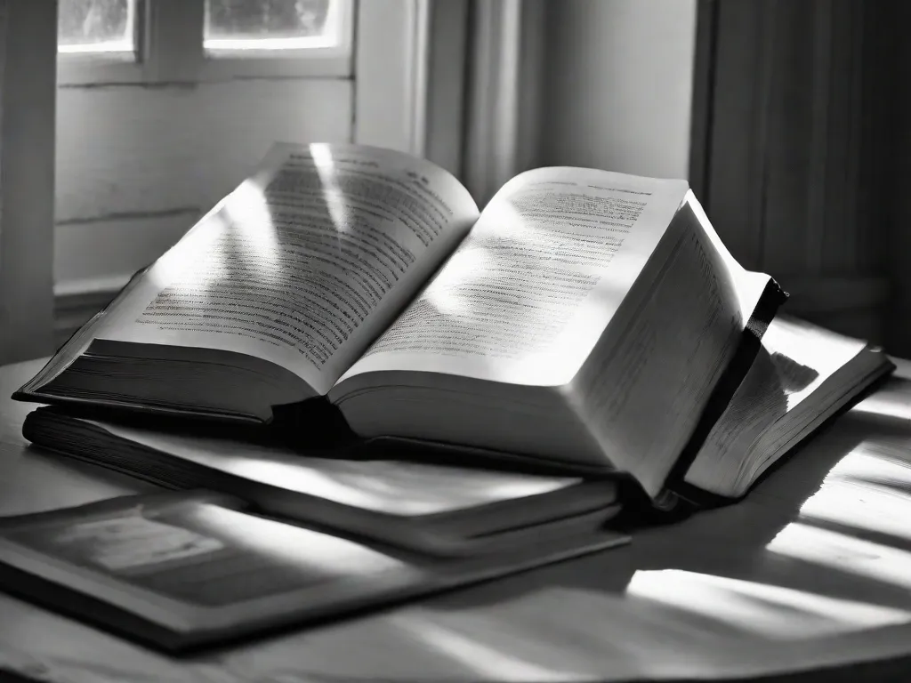 Uma fotografia em preto e branco de um livro aberto, com as páginas levemente curvadas nas bordas. O livro está colocado sobre uma mesa de madeira, rodeado por uma coleção de textos filosóficos antigos e desgastados. Raios de sol filtram por uma janela próxima, iluminando as páginas e criando uma sensação de curiosidade intelectual.