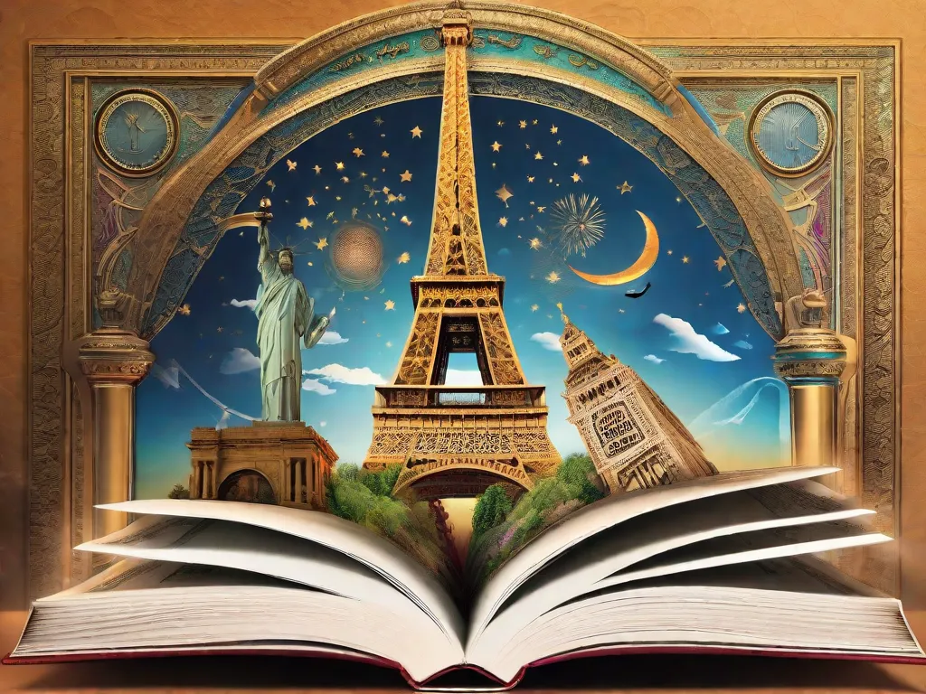 Uma imagem de uma estante de livros árabe lindamente decorada, repleta de literatura árabe antiga, erguida com orgulho em uma grande biblioteca. Os livros exibem caligrafia intrincada e cores vibrantes, servindo como uma representação visual do impacto profundo que a literatura árabe teve na cultura ocidental.