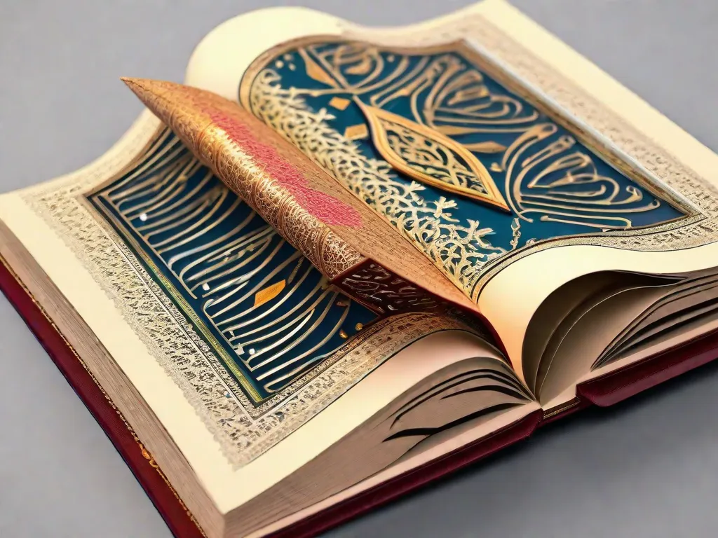 Uma imagem vibrante de um livro aberto com intrincada caligrafia árabe adornando suas páginas. As curvas elegantes e linhas fluídas simbolizam a rica influência da literatura árabe na cultura ocidental, aproximando dois mundos e inspirando uma apreciação mais profunda pela beleza da língua e narrativa árabes.