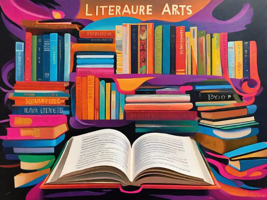 Uma vibrante pintura de um livro aberto com pinceladas coloridas fluindo de suas páginas, fundindo-se perfeitamente com uma parede da galeria repleta de obras de arte contemporânea. As palavras