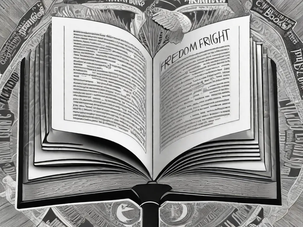 Uma imagem em preto e branco de um livro aberto com páginas preenchidas por palavras e frases poderosas relacionadas aos direitos humanos, como
