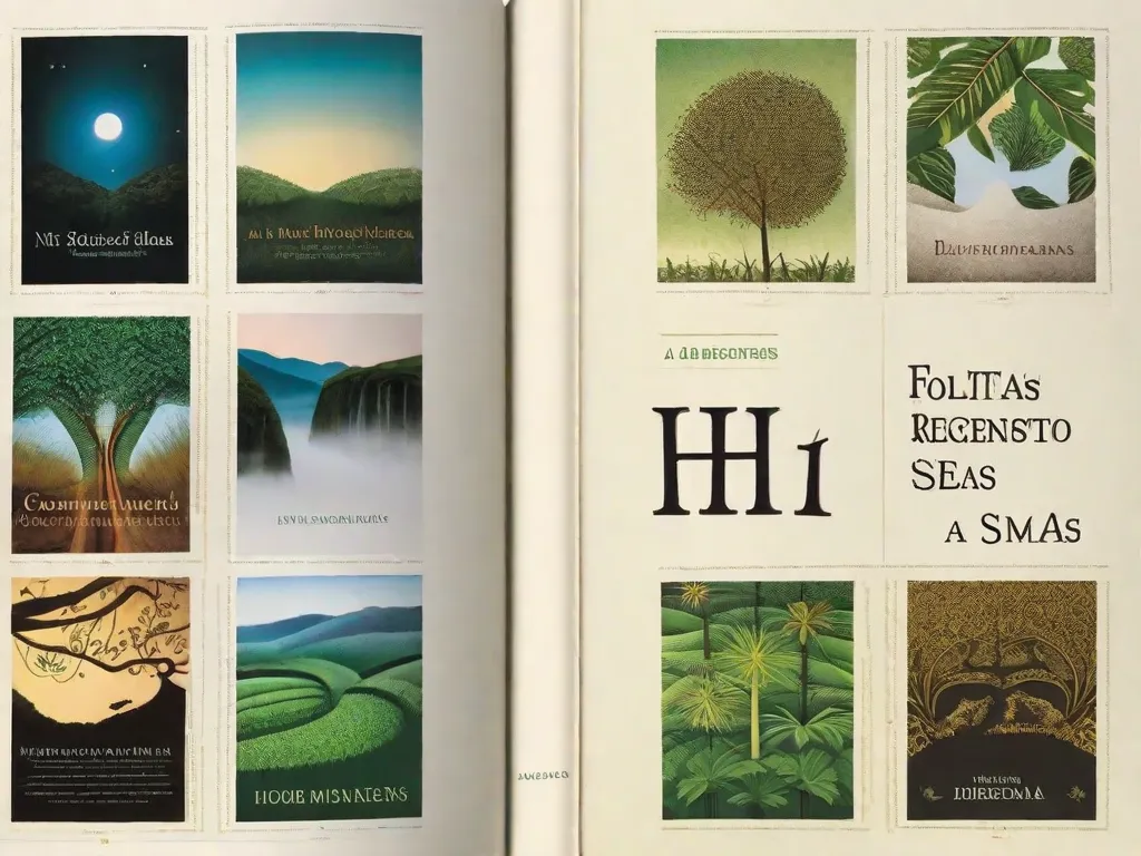 A imagem retrata um livro aberto com páginas feitas de folhas secas, simbolizando a ligação entre a literatura e a natureza. Nas páginas, estão escritas palavras em várias línguas indígenas, representando a diversidade e a presença das vozes indígenas na literatura brasileira.