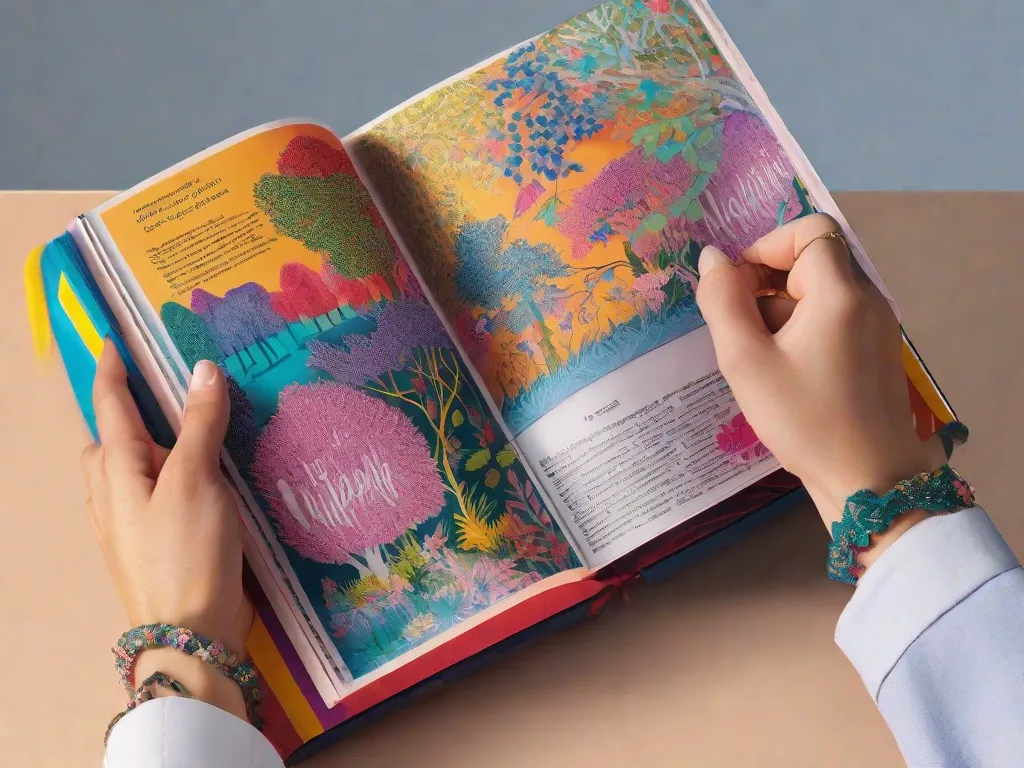Descrição da imagem: Um close das mãos de uma pessoa segurando um livro com uma capa vibrante. O livro está aberto, revelando páginas cheias de ilustrações coloridas e texto instigante. Os dedos da pessoa traçam suavemente as palavras na página, simbolizando a conexão entre a literatura e a sociedade.