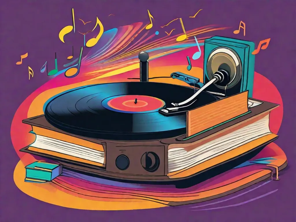 Uma imagem vibrante de um livro, aberto e cheio de ilustrações coloridas, sentado em uma plataforma de toca-discos. As páginas do livro parecem ganhar vida, transformando-se em notas musicais que flutuam no ar, mesclando-se com as ondas sonoras que emanam do toca-discos. Essa imagem representa a conexão harmoniosa entre literatura, música e cultura popular.