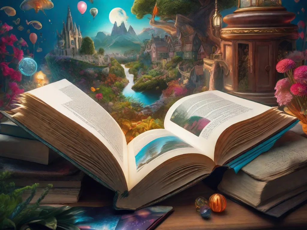 Uma imagem de um livro aberto com ilustrações vibrantes e fantásticas explodindo de suas páginas, juntamente com uma fotografia de uma cena serena do cotidiano. Os mundos contrastantes representam a interseção entre a fantasia e a realidade encontrada nos livros, convidando os leitores a explorar reinos paralelos através de suas imaginações.
