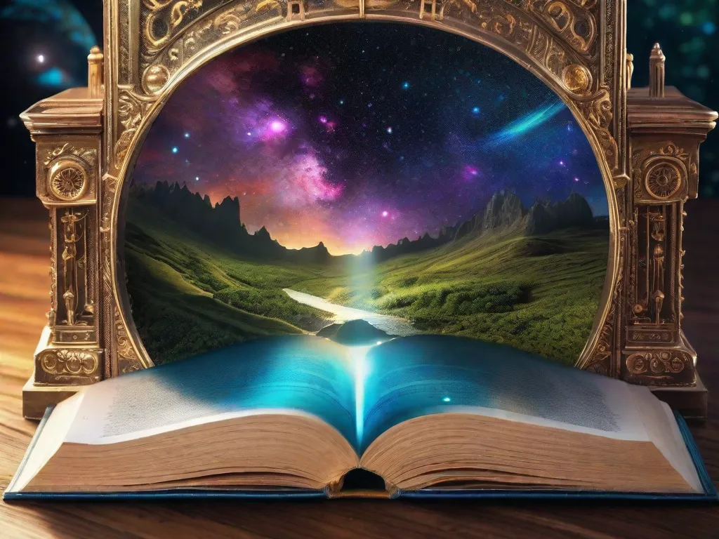 Uma imagem em close-up de um livro desgastado com uma paisagem mágica emergindo de suas páginas. As cores vibrantes e os detalhes intricados transportam o espectador para um mundo paralelo, onde realidade e fantasia se entrelaçam. A imagem captura a essência do escapismo e o poder dos livros de nos transportar para diferentes reinos.