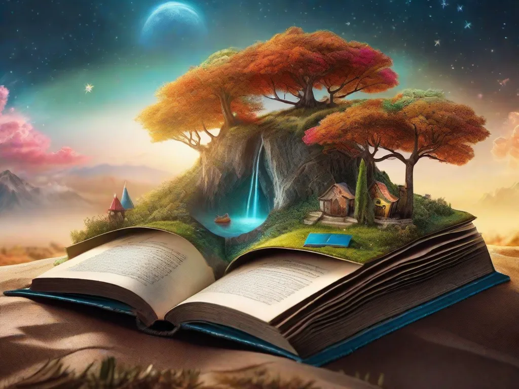 Uma imagem em close-up de um livro desgastado com uma paisagem mágica emergindo de suas páginas. As cores vibrantes e os detalhes intricados transportam o espectador para um mundo paralelo, onde realidade e fantasia se entrelaçam. A imagem captura a essência do escapismo e o poder dos livros de nos transportar para diferentes reinos.