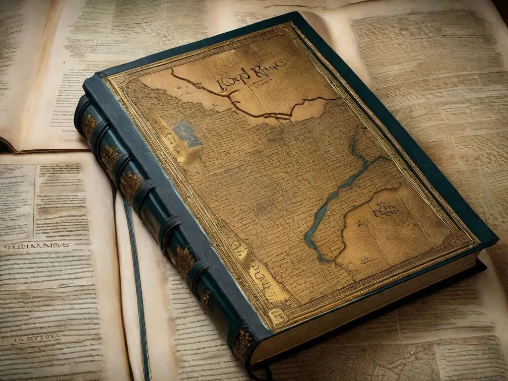 Uma imagem em close-up de um livro encadernado em couro desgastado, com um mapa de uma terra mítica em sua capa. O título