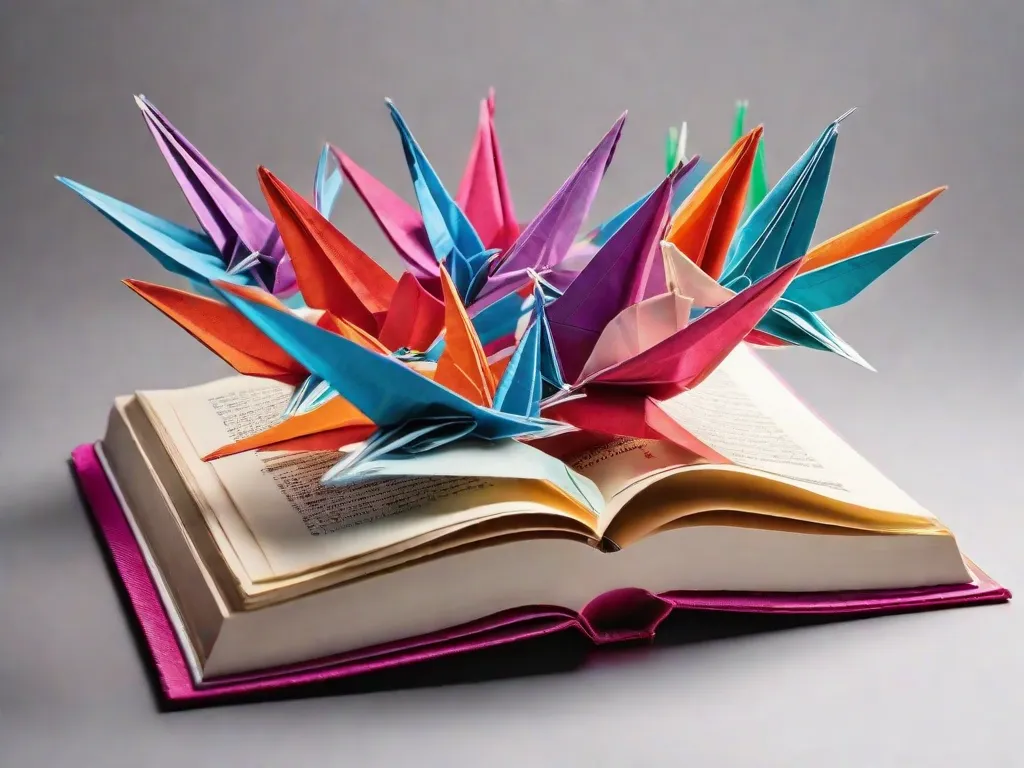 Descrição: Uma fotografia de um livro aberto com páginas feitas de gruas de origami coloridas voando para fora dele. Cada grua representa uma cultura e idioma diferente, simbolizando como a literatura pode superar barreiras e promover paz e compreensão entre comunidades diversas.