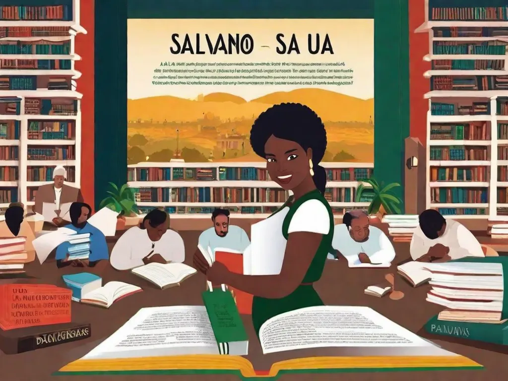 A imagem retrata um livro aberto com palavras saltando de suas páginas. As palavras são representadas por pessoas de diferentes origens e culturas, unidas em solidariedade. Isso simboliza como a literatura pode promover a justiça social, ao dar voz às minorias e incentivar a compreensão e a igualdade entre as pessoas.
