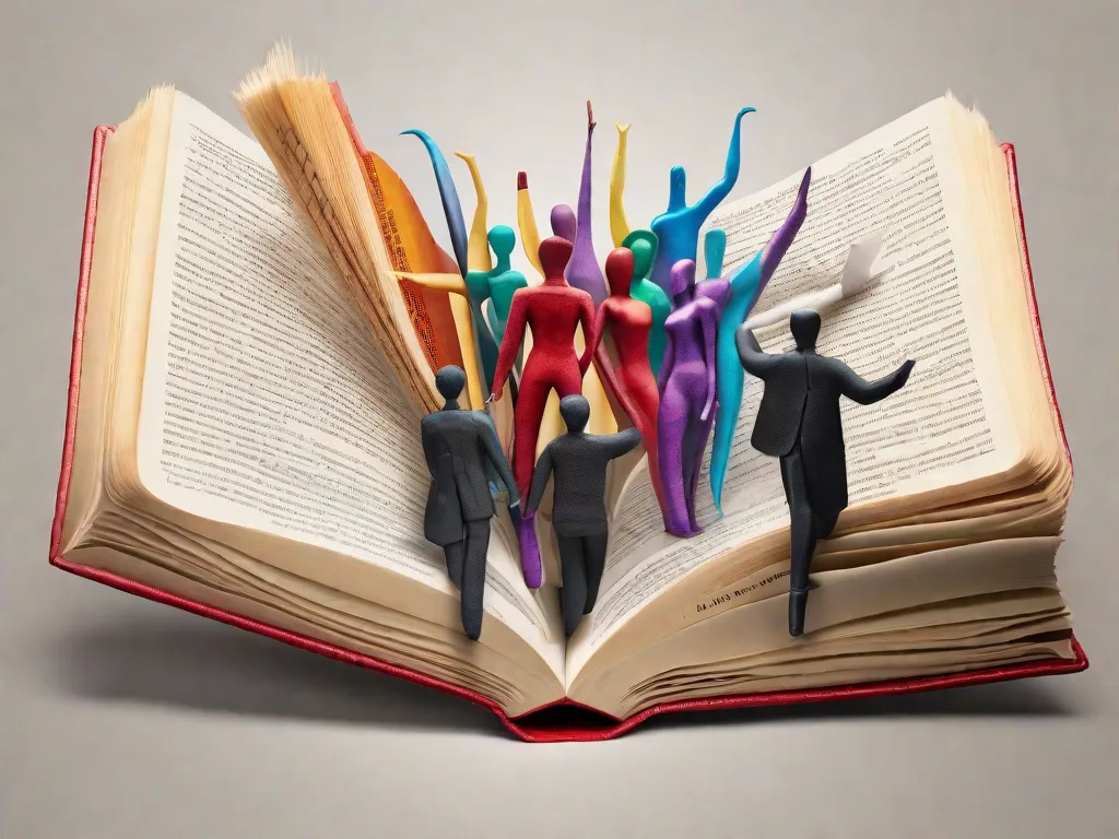 Uma imagem de um livro aberto com palavras fluindo de suas páginas, transformando-se em diversas figuras humanas. Cada figura representa um aspecto diferente da humanidade, unidos em sua luta pelos direitos humanos. A imagem simboliza o poder da literatura para inspirar e mobilizar as pessoas em direção a uma sociedade mais justa e inclusiva.