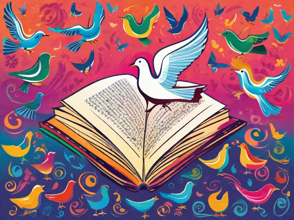 Descrição da imagem:
Uma ilustração vibrante retrata um livro aberto com páginas feitas de pombas coloridas, simbolizando a paz. O livro é cercado por mãos diversas, cada uma segurando uma caneta e escrevendo em diferentes idiomas. As palavras